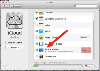 iCloud window showing Back to My Mac checkbox